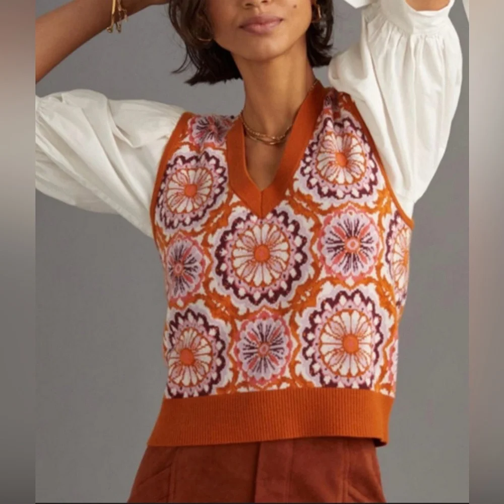 Maeve by Anthropologie Jacquard Sweater Vest Honey size small - Picture 7 of 16